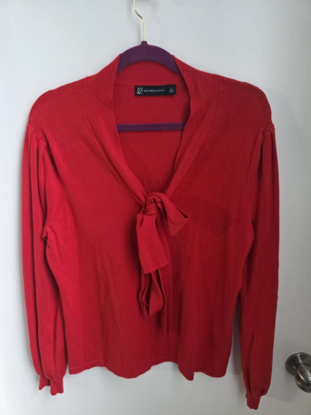 New York & Company Bright Red Tie-Neck V-Neck Sweater